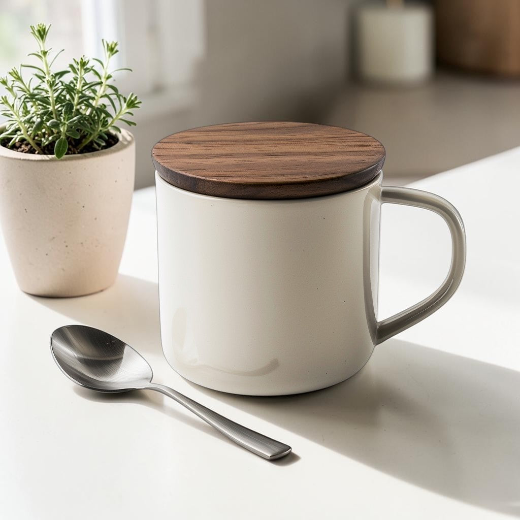 Borava Minimalist Matte Ceramic Coffee Mug with Walnut Lid and Spoon - 400ml