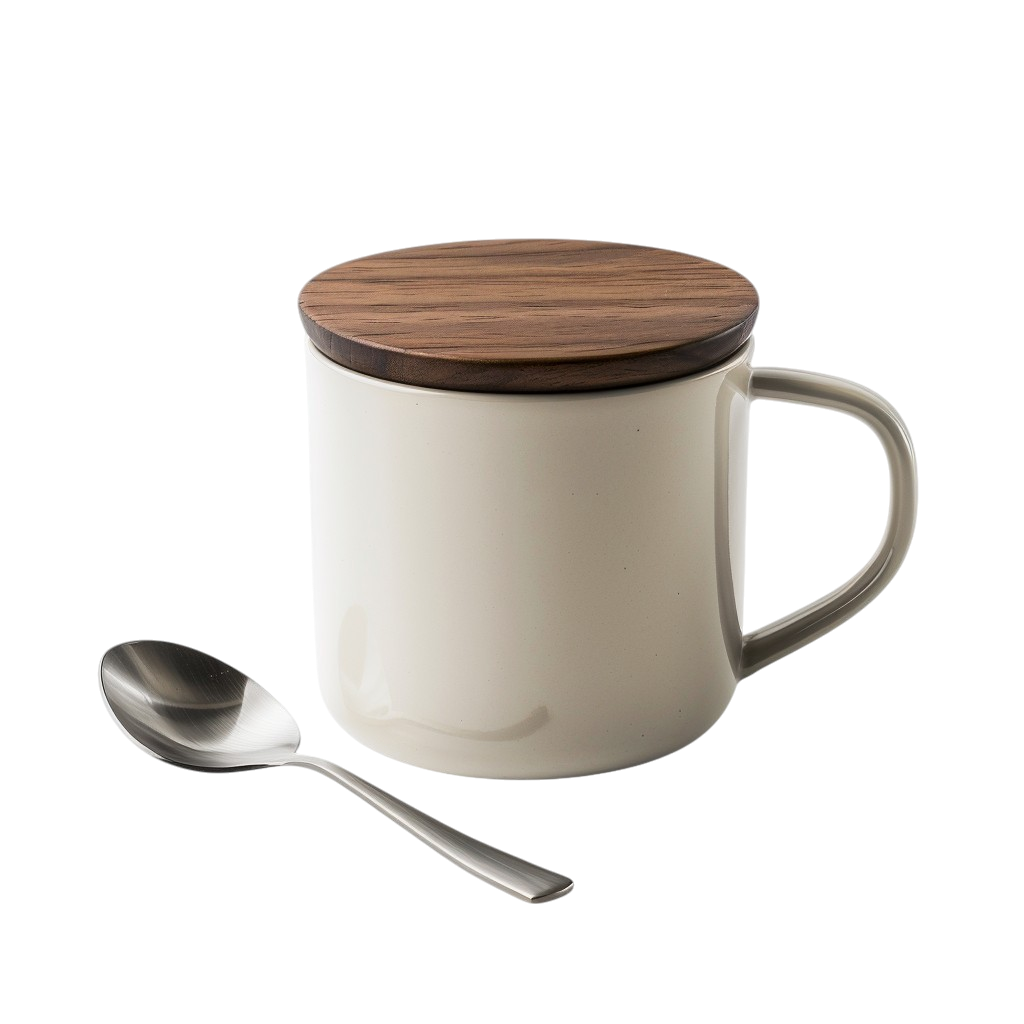 Borava Minimalist Matte Ceramic Coffee Mug with Walnut Lid and Spoon - 400ml