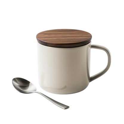 Borava Minimalist Matte Ceramic Coffee Mug with Walnut Lid and Spoon - 400ml